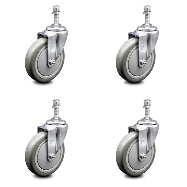 5 Inch Gray Polyurethane Wheel Swivel 3/8 Inch Threaded Stem Caster Set SCC